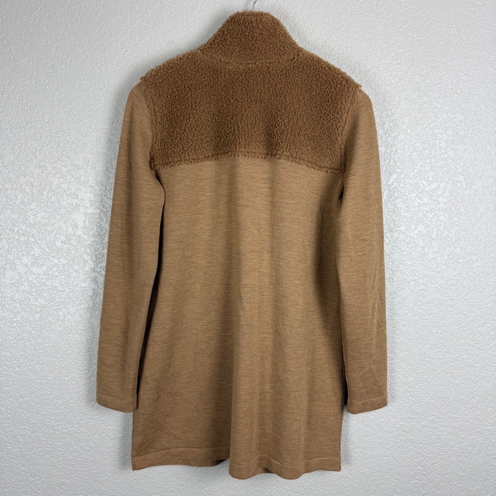 Akris Punto 100% Wool Sherpa Knit Stand Collar Cardigan Camel US 10 Faux Fur Tan - Picture 9 of 13